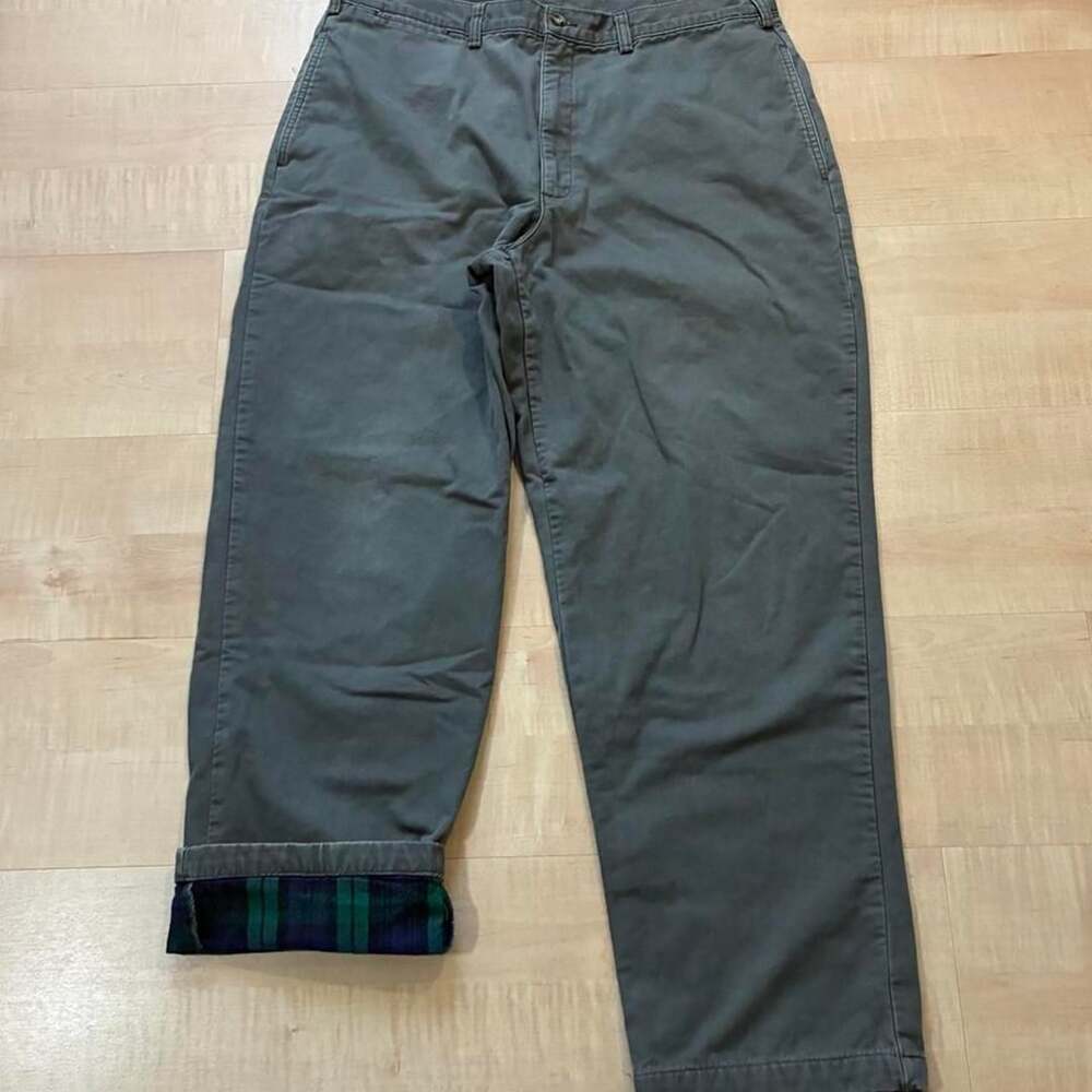 LL Bean Flannel Lined Chino Pants 38W-32L Green Black Watch Plaid Made in USA